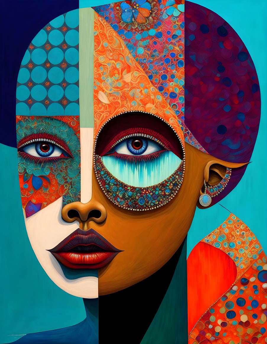 Colorful Stylized Painting: Woman's Face Split in Two Halves