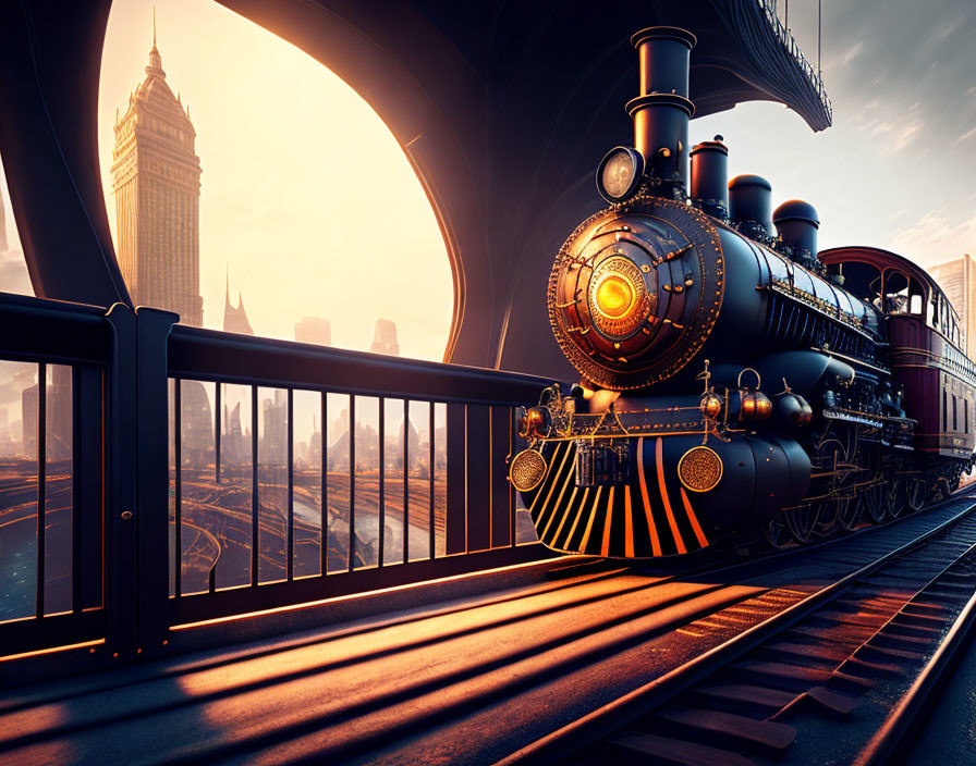Ornate steampunk train on bridge with city skyline at sunset