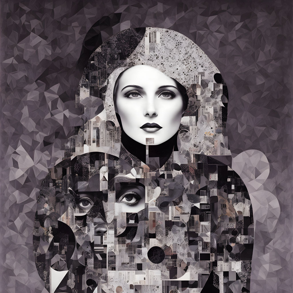 Monochrome collage of fragmented woman's face against geometric background