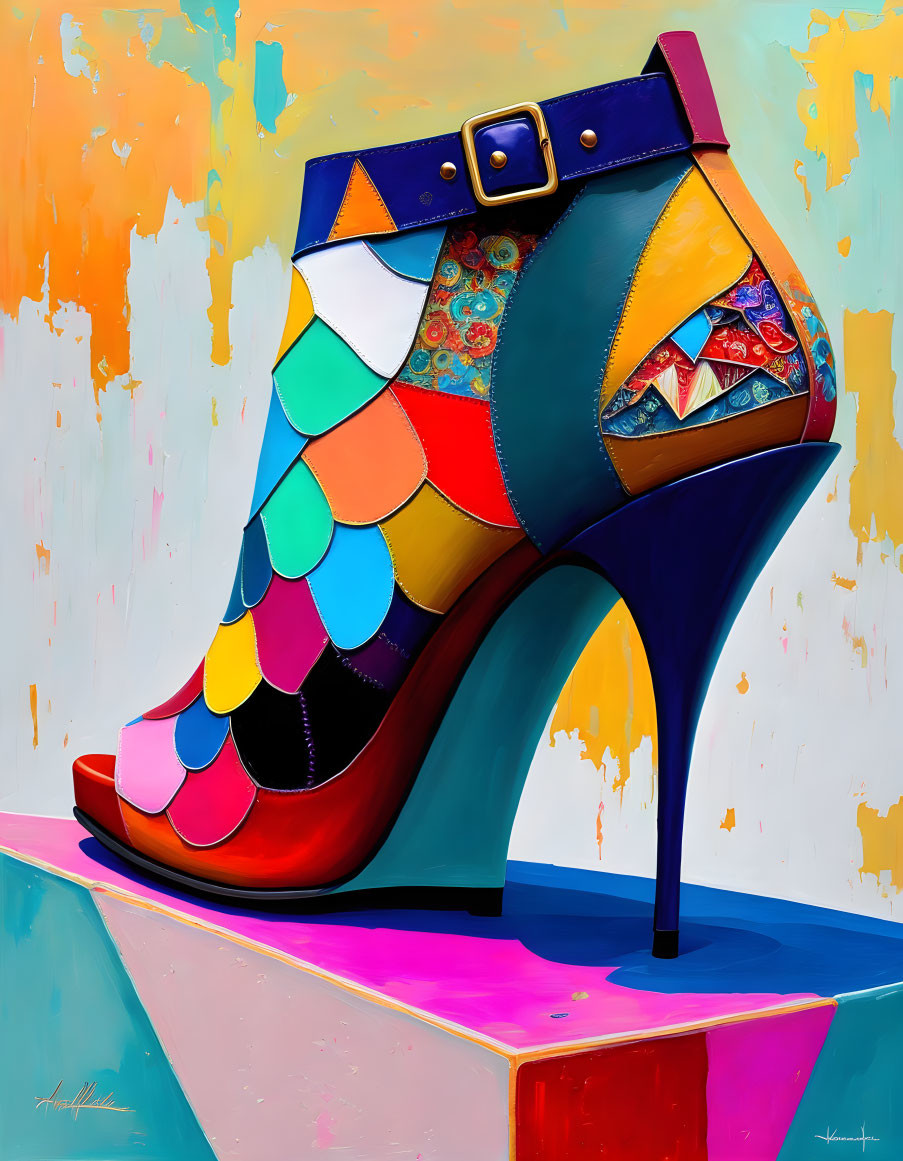 Colorful Patchwork High-Heeled Shoe on Abstract Background