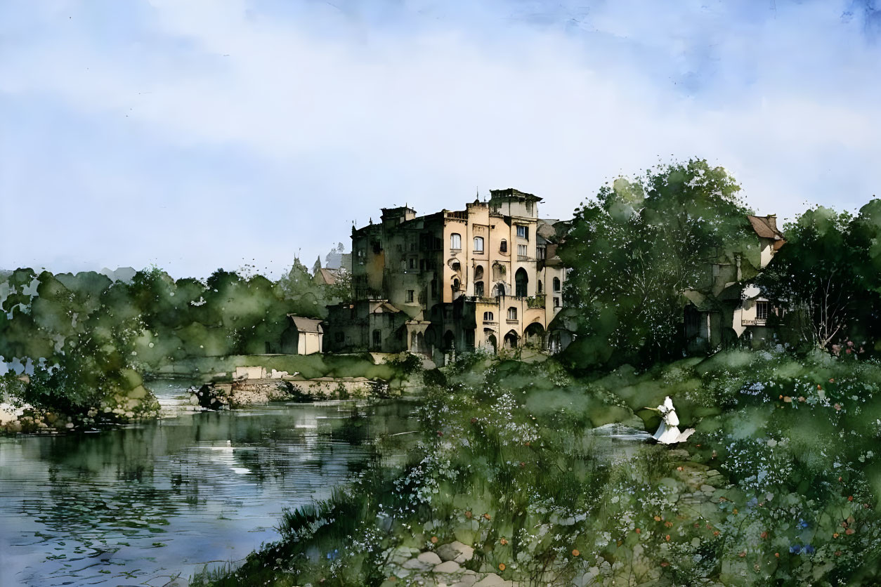 Watercolor painting of elegant building by calm river with lush greenery and person sitting.