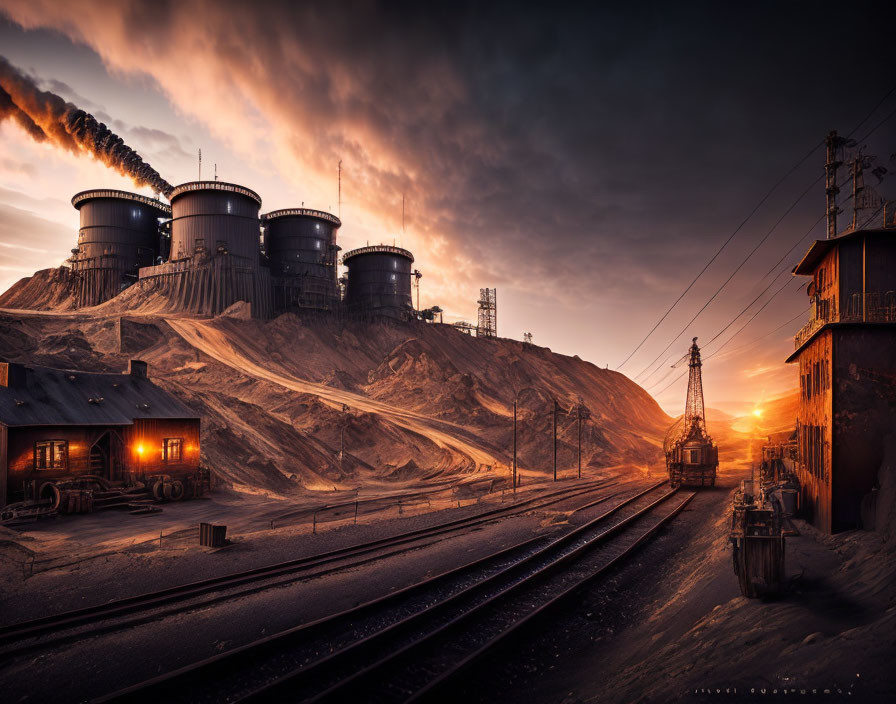 Twilight industrial scene with smokestacks, dramatic sky, and railway tracks.