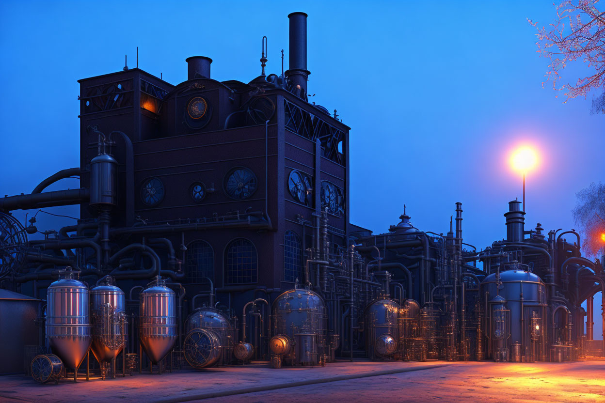 Twilight industrial complex with vintage machinery and glowing containers