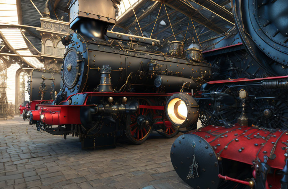 Detailed 3D Render: Vintage Steam Locomotives in Ornate Train Station