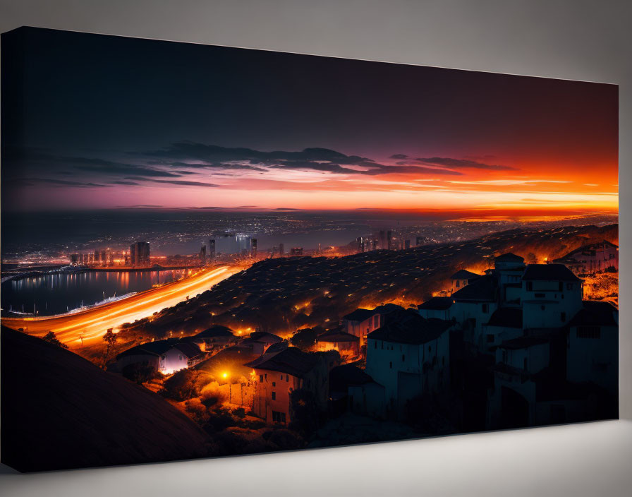 Cityscape Canvas Print: Nighttime Scene with Glowing Buildings and Sunset Sky