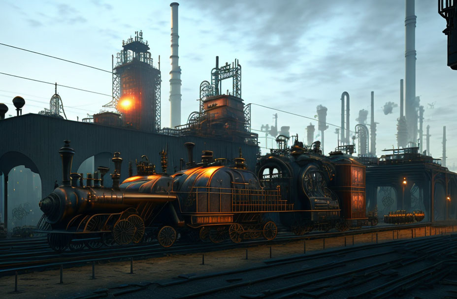 Vintage steam train on tracks with illuminated factories at dusk
