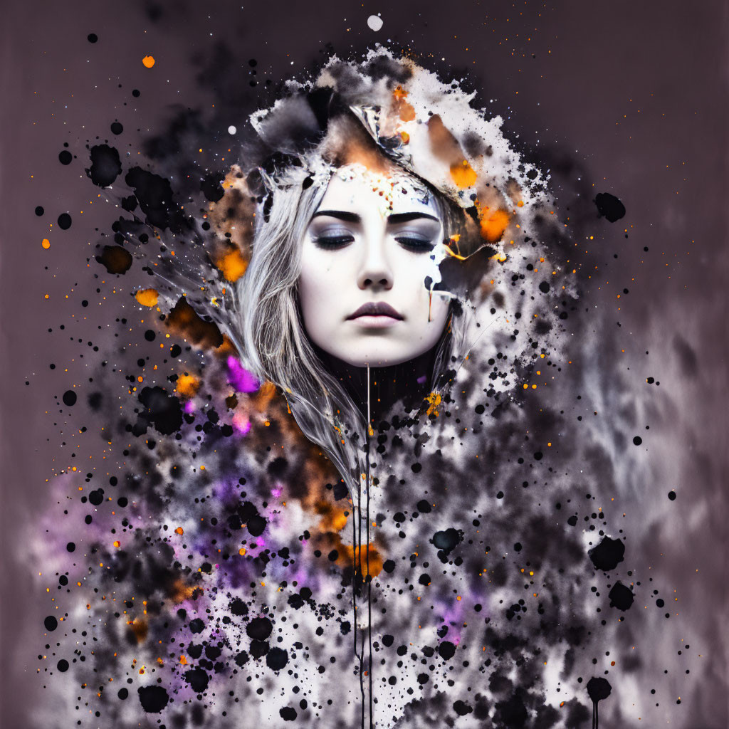 Grayscale portrait with colorful paint splatters surrounding the woman