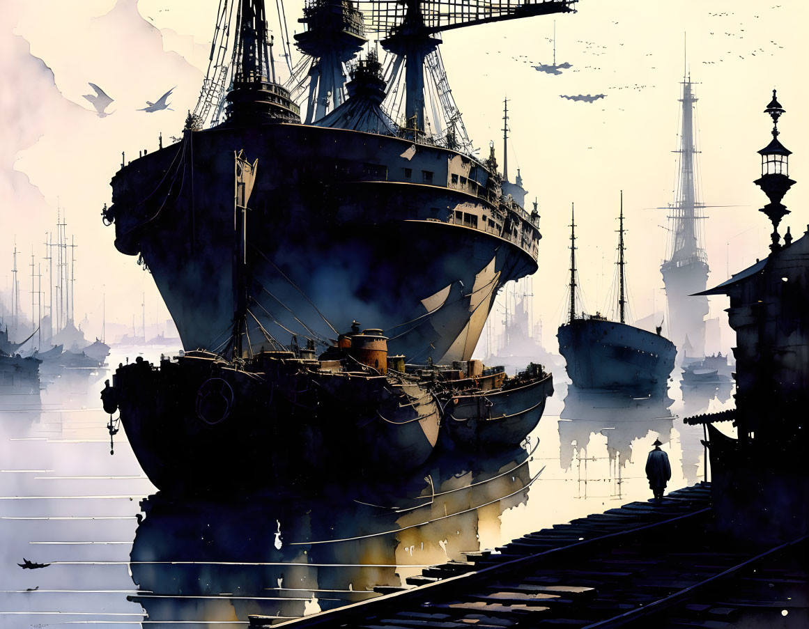 Harbor Scene with Silhouetted Ships and Figures in Moody, Atmospheric Setting