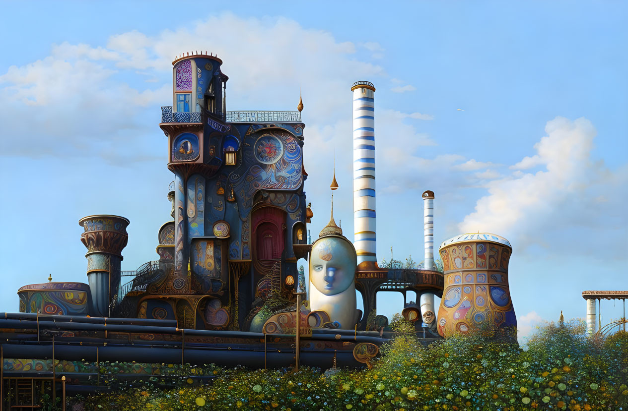 Whimsical factory with face-like features and ornate towers against cloud-filled sky