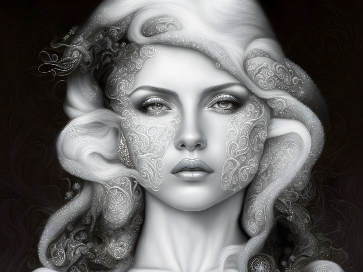 Monochromatic digital portrait of woman with paisley patterns on dark background