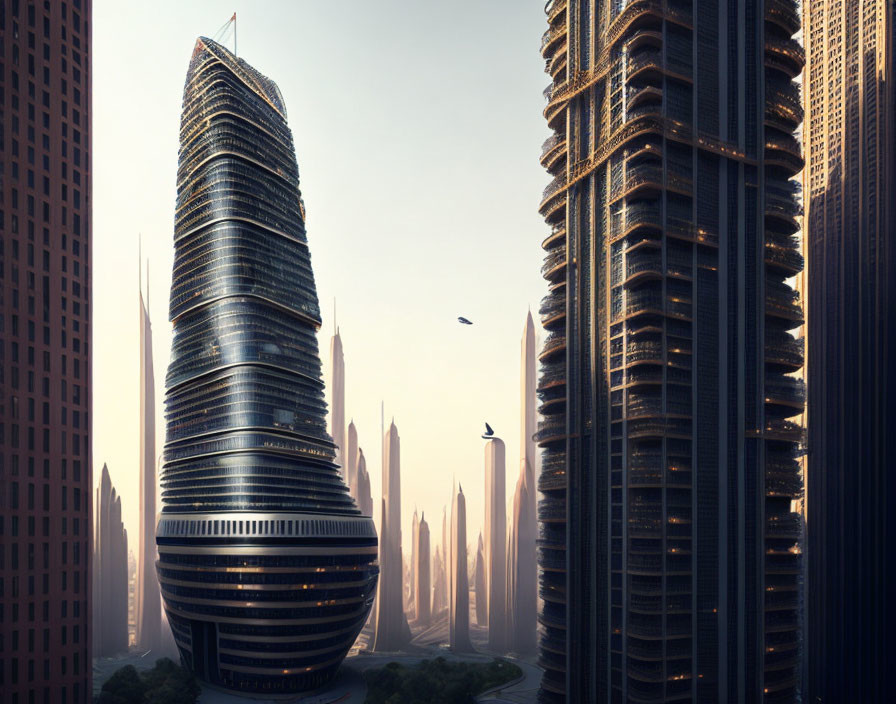 Futuristic skyscrapers in warm sunlight with city skyline and helicopter.