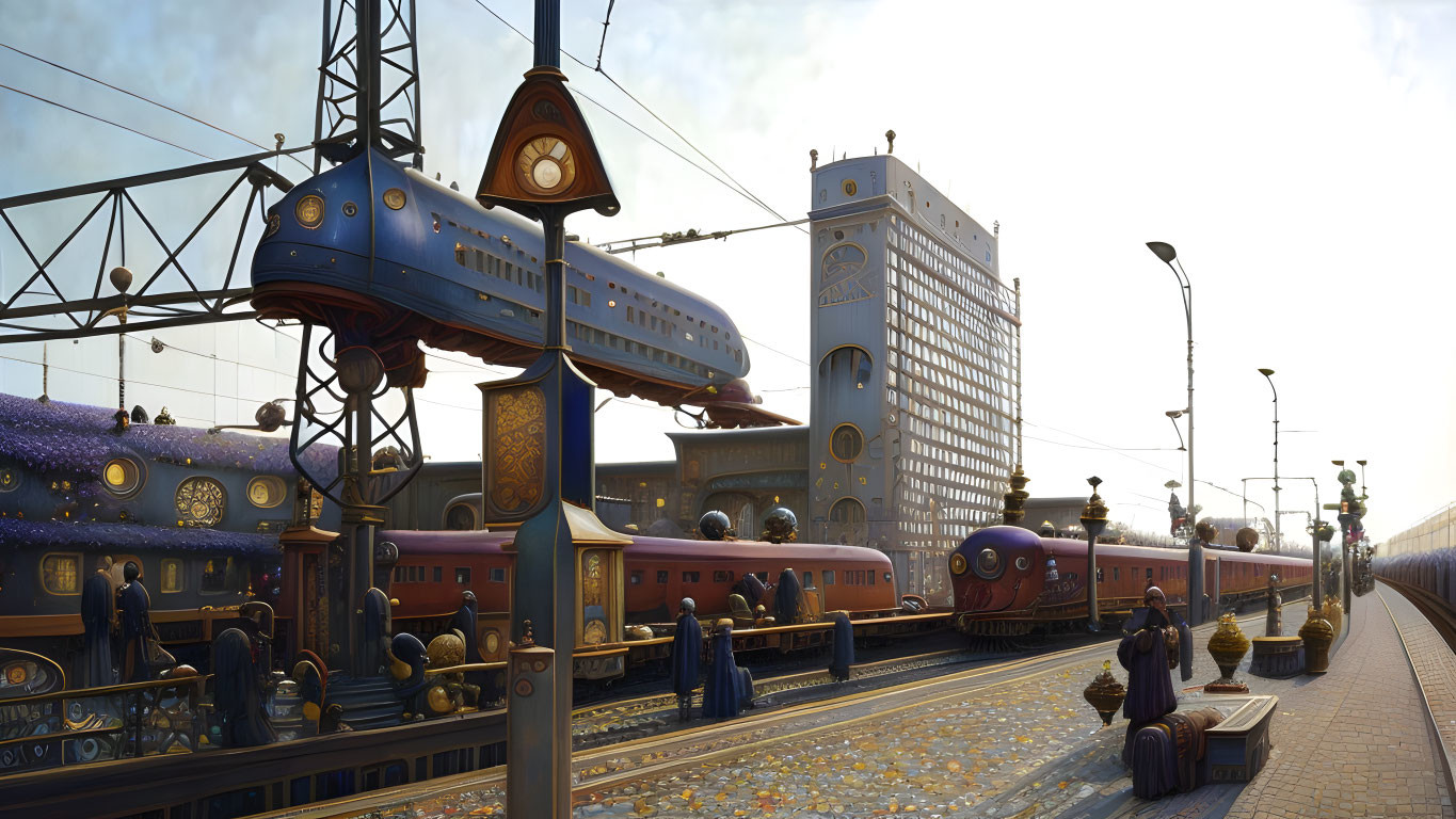 Retro-futuristic train station with ornate details and bustling activity