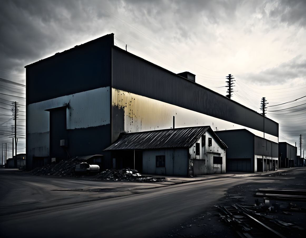 Industrial building with rust, large warehouse, and power line silhouettes