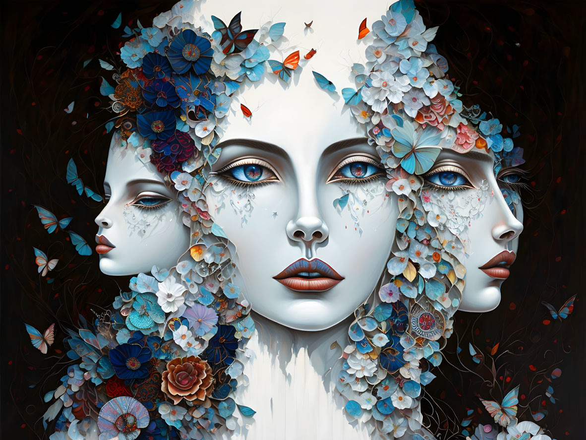Serene faces with floral patterns and butterflies on dark background