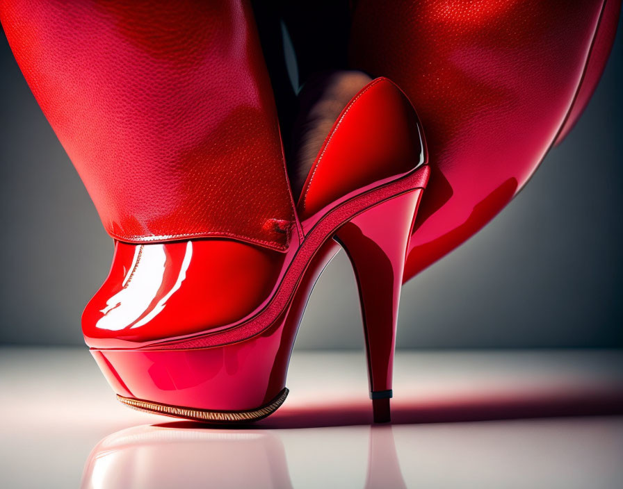 Red Glossy High-Heeled Shoes on Reflective Surface