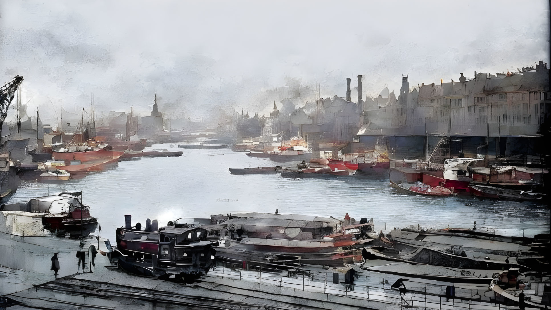 Industrial port scene with boats, train, people, factories, and cranes