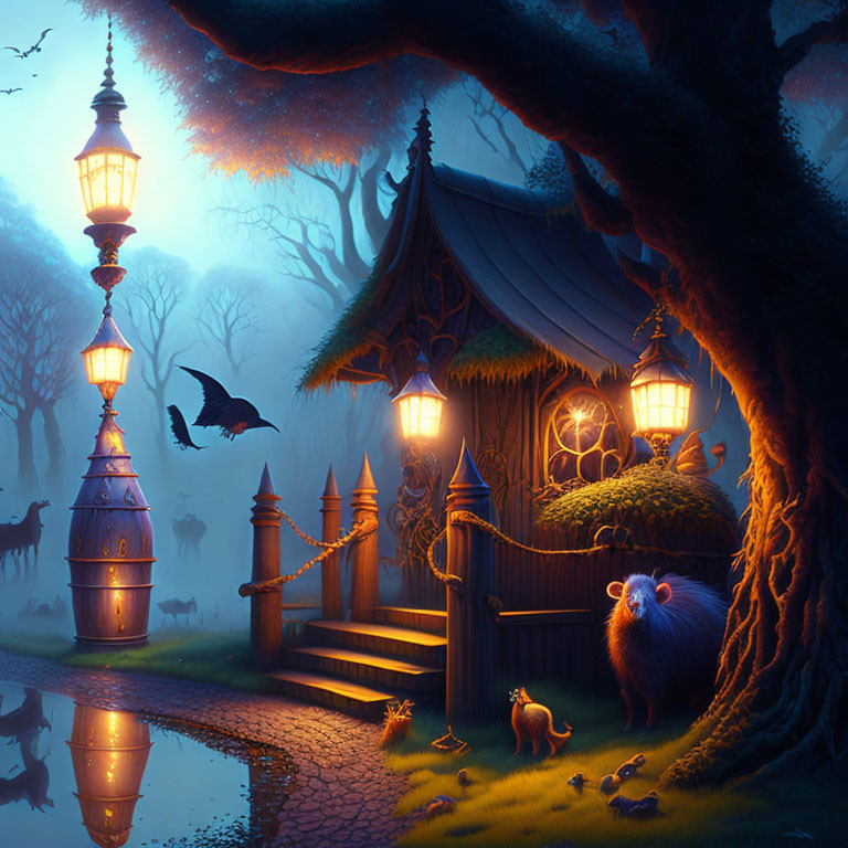 Whimsical cottage night scene with magical creatures, lanterns, and reflective pond
