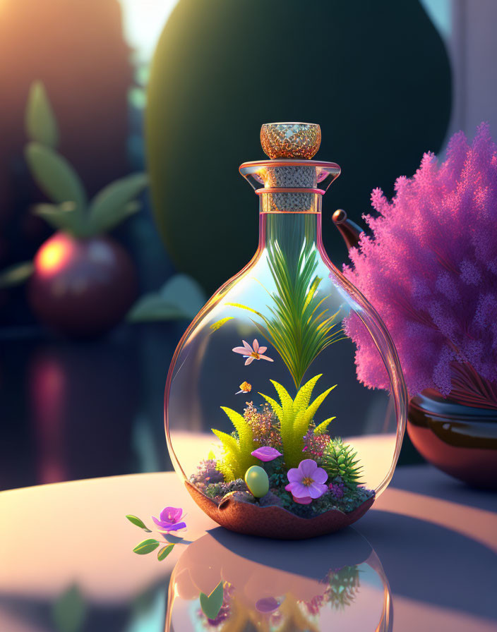 Glass terrarium with plant ecosystem and cork stopper on table with purple foliage and apple background