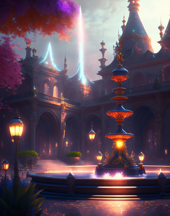 Enchanting Dusk Courtyard with Lanterns, Fountain, Cherry Trees, and Magical Sky