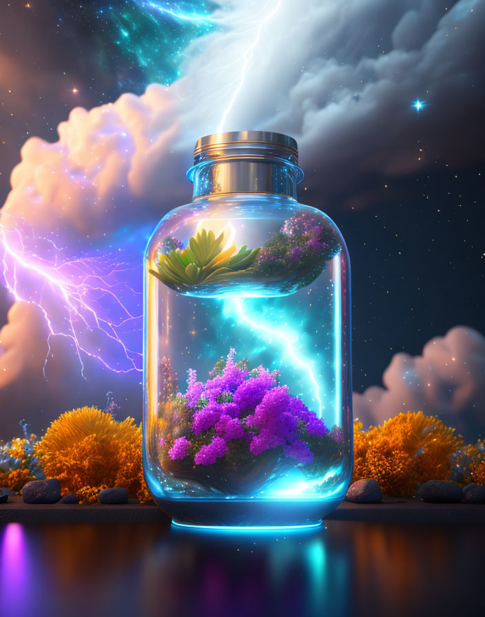 Glass jar with vibrant flowers in miniature ecosystem under starry sky.