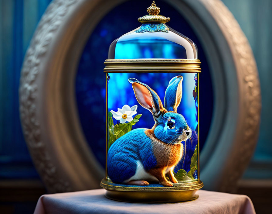 Blue rabbit in glass dome with flower on table by circular window
