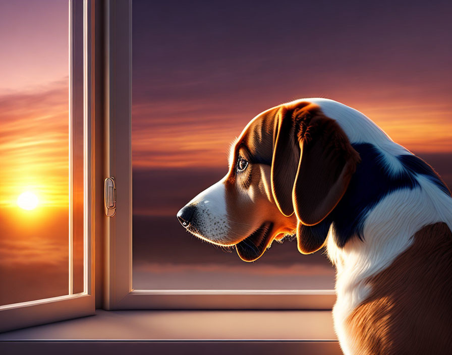 Beagle dog looking out window at sunset