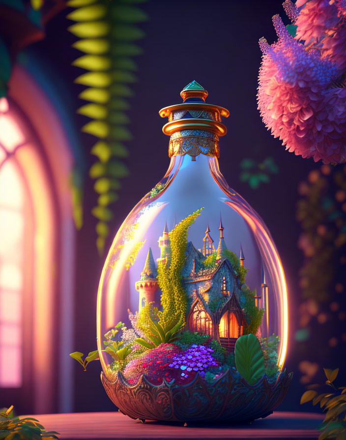 Fantasy castle in glass bottle with magical glow and lush greenery