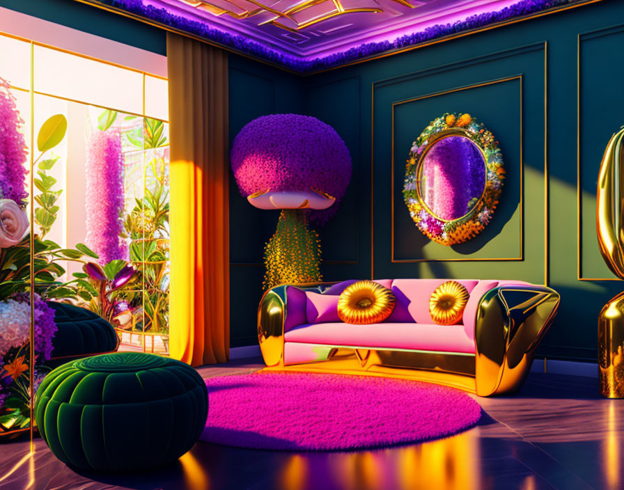 Colorful Plush Furniture and Gold Accents in Vibrant Interior