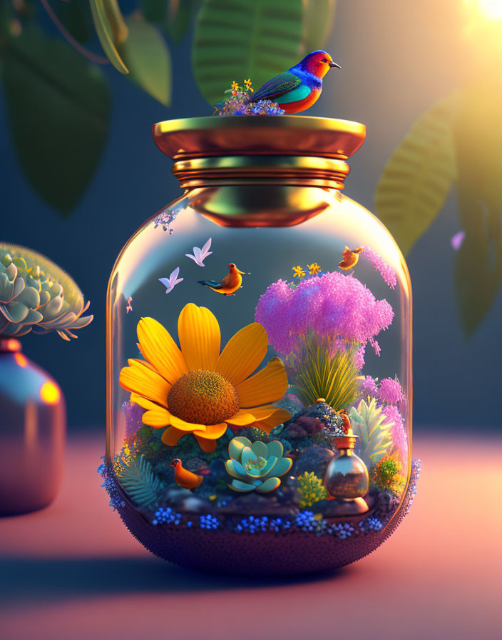 Colorful 3D illustration: glass jar with flowers, birds, pebbles