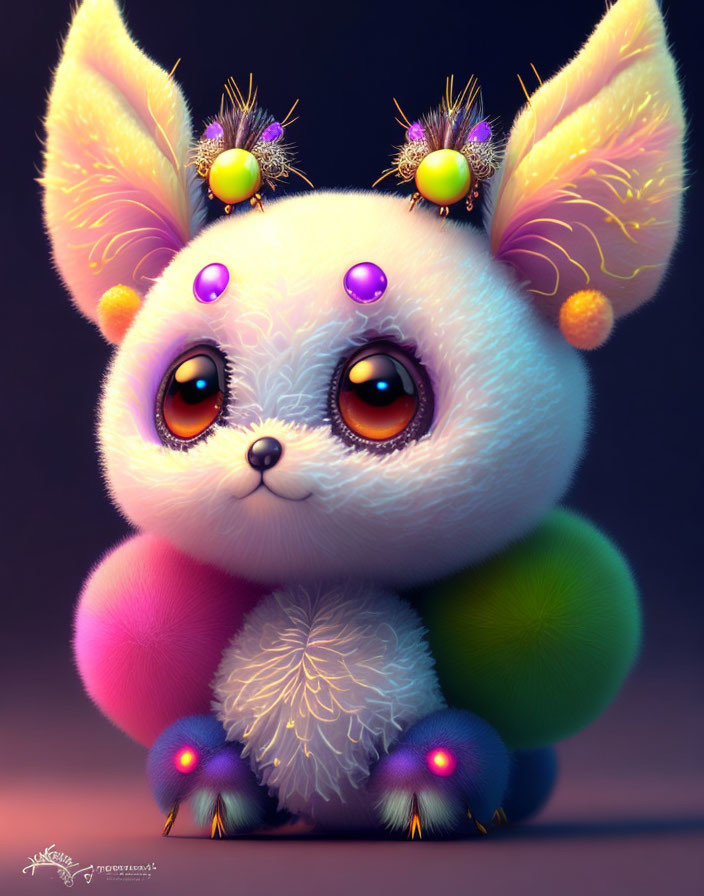 Colorful Fantasy Creature with Large Glossy Eyes and Fluffy Ears
