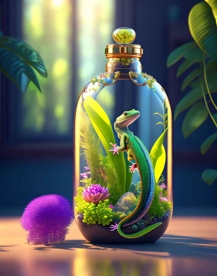 Vibrant gecko illustration in glass terrarium with lush green plants