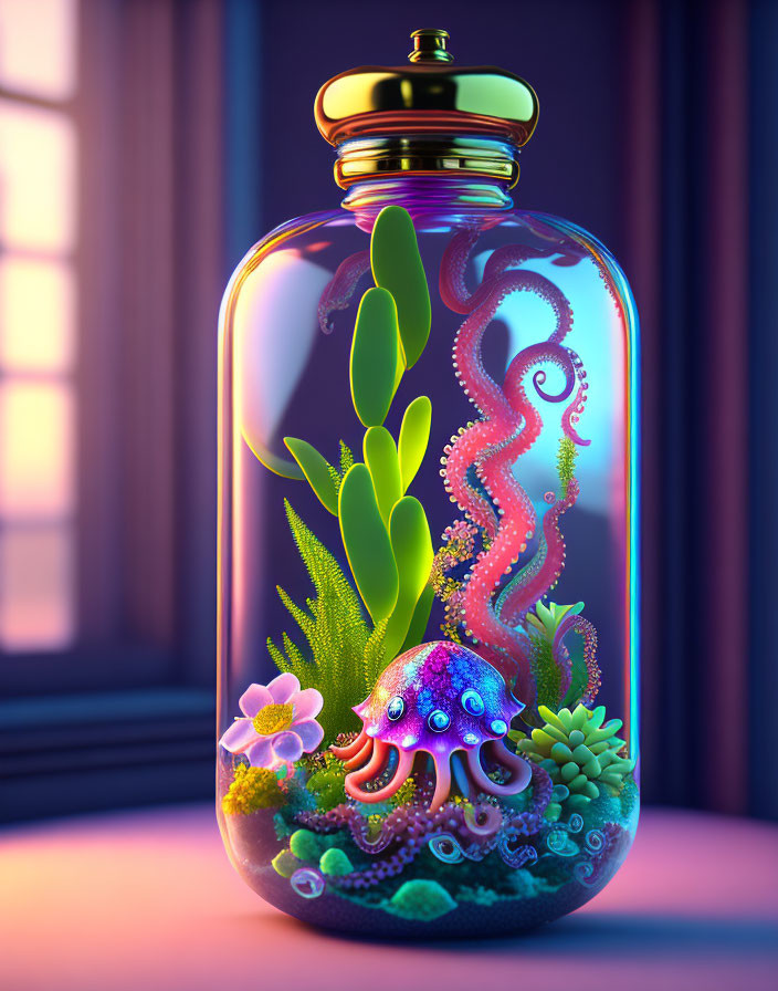 Colorful Digital Artwork: Luminous Octopus in Glass Jar with Underwater Theme