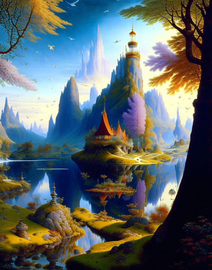 Fantasy landscape with castle, mountains, forests, lakes, and starry sky