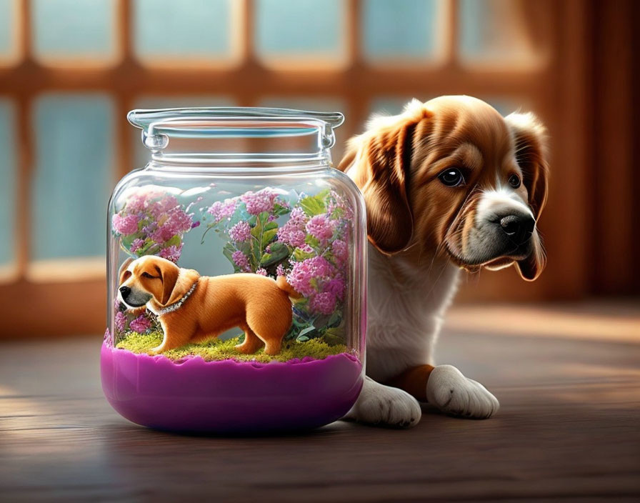 Curious puppy and small dog in jar with purple liquid and flowers by sunny window