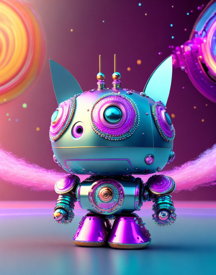 Colorful 3D illustration: Cat-inspired robot with large eyes, antennae, mechanical joints,