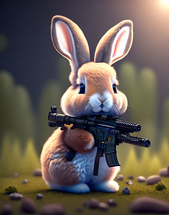 Anthropomorphic rabbit with assault rifle in forest setting at dusk.