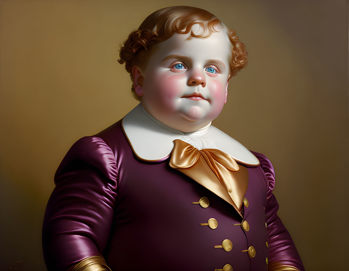 Cherubic child in formal purple outfit with curly hair