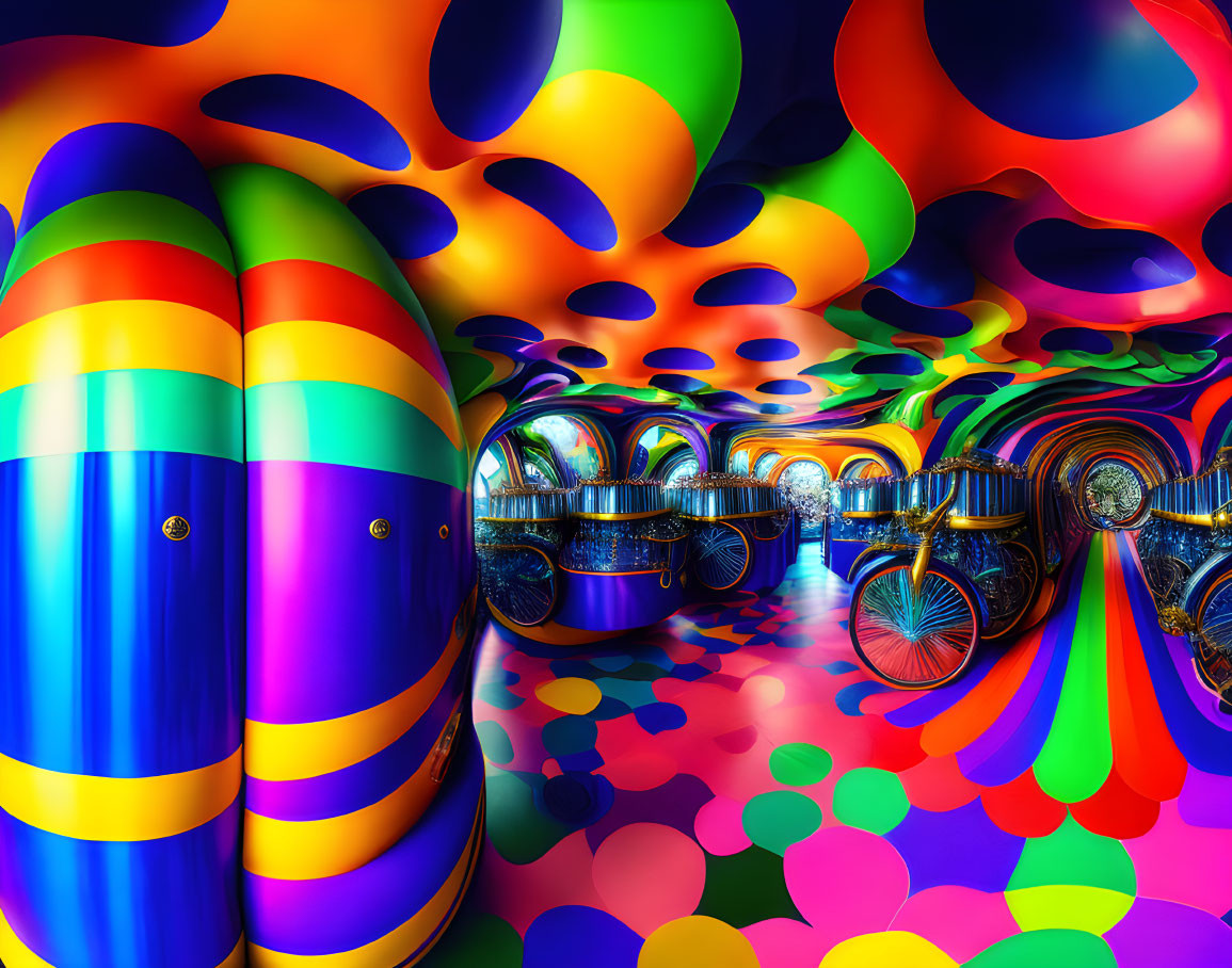 Colorful Psychedelic Tunnel with Striped Pillars and Reflective Surfaces