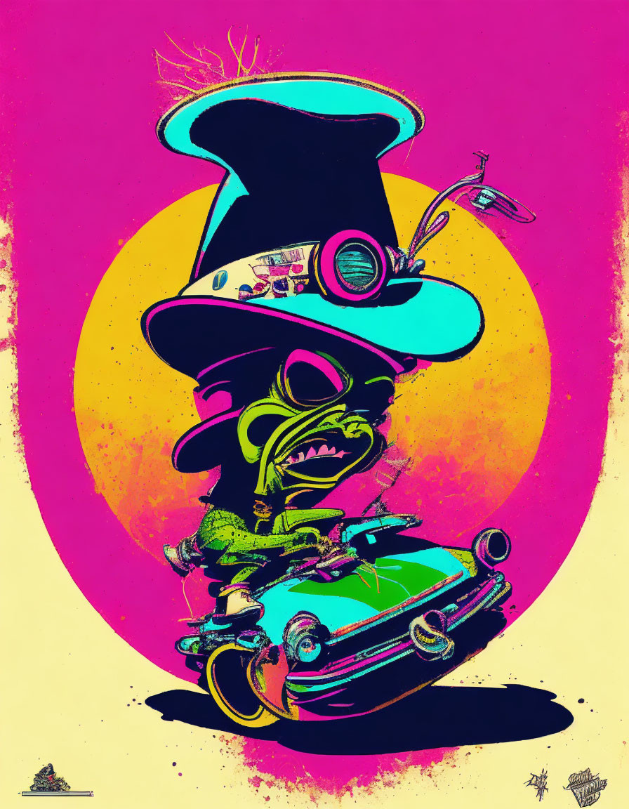 Whimsical character with top hat on retro hover scooter in colorful illustration