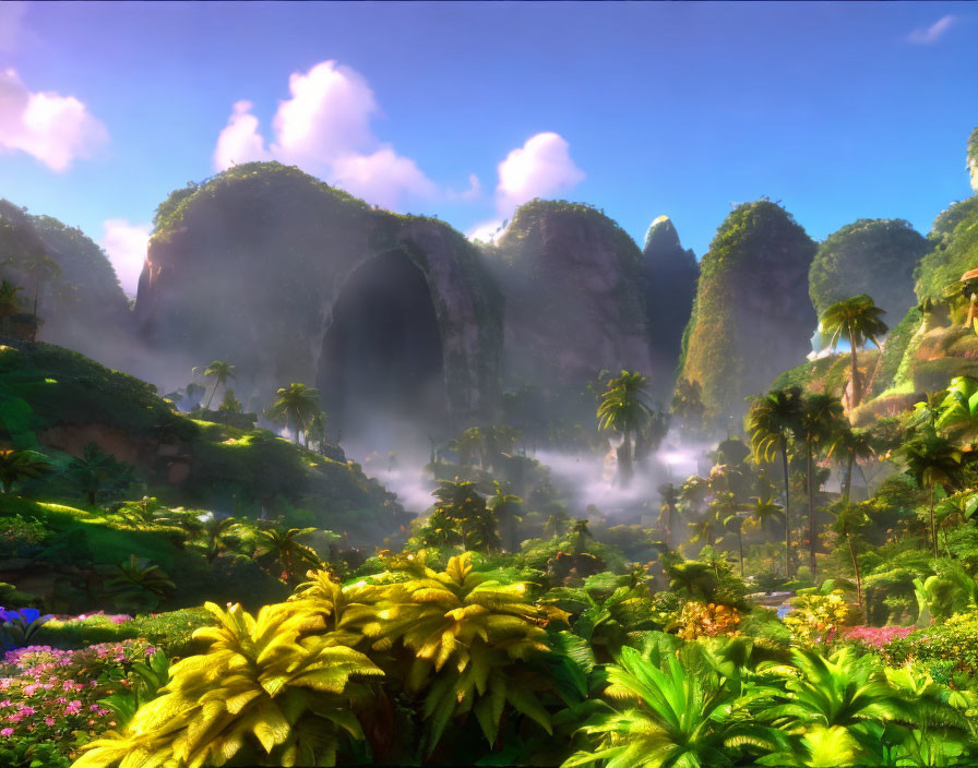 Tropical hills, cave entrance, mist, vibrant flora under blue sky