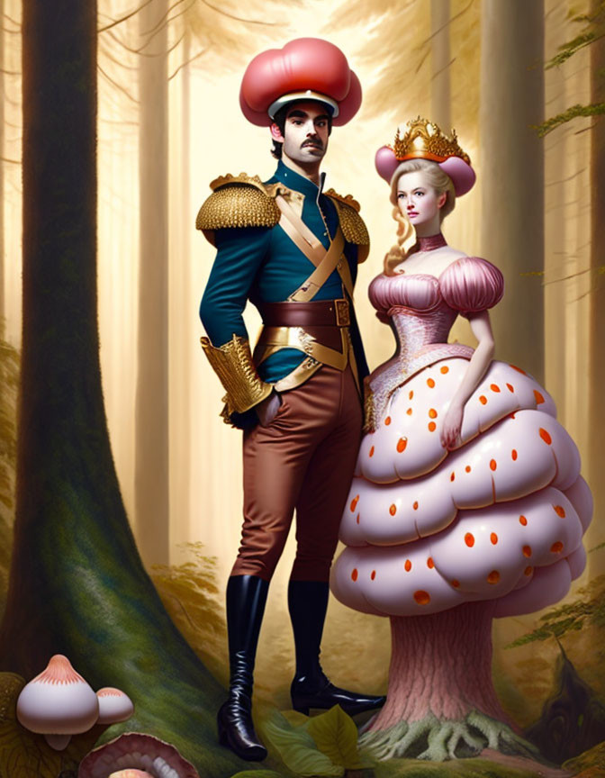 Illustration of man and woman in royal attire in enchanted forest