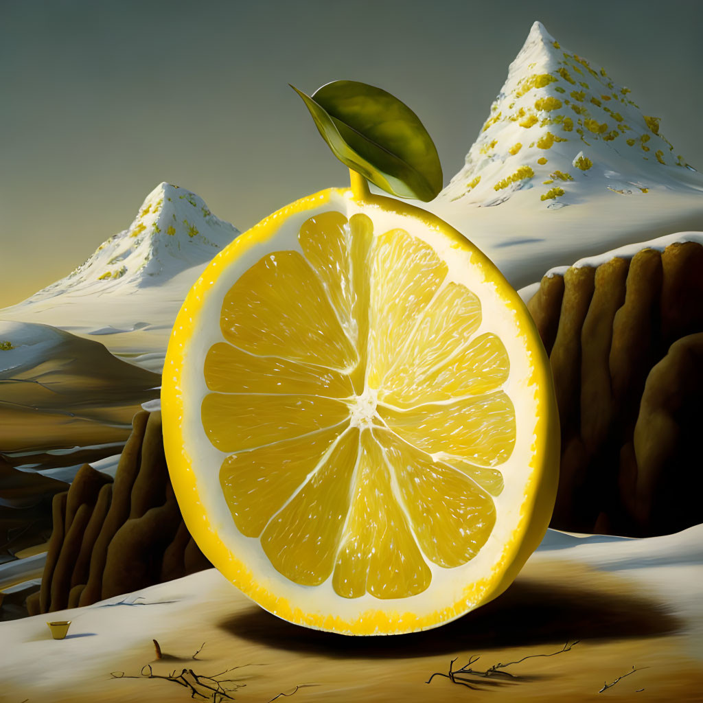 Surreal lemon cross-section with mountainous backdrop