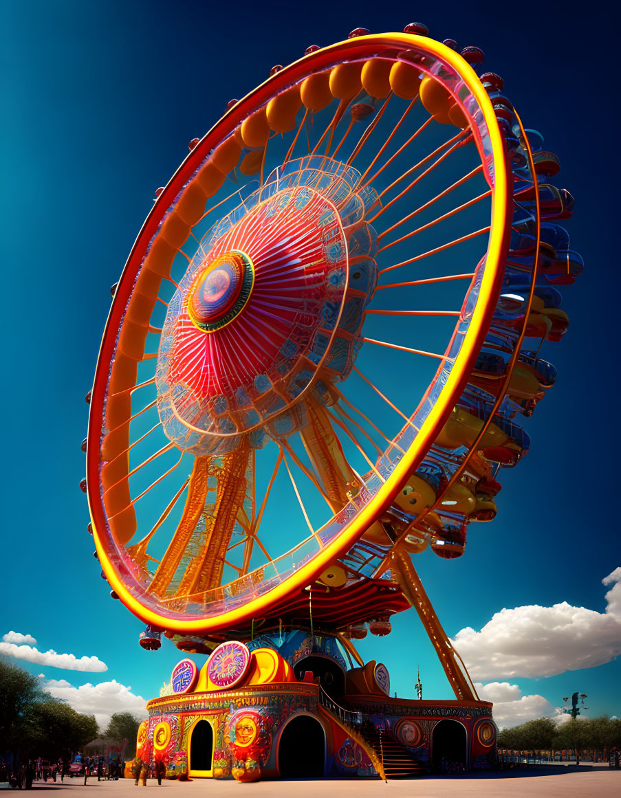 Colorful ferris wheel against blue sky with intricate design, shadows on ground.