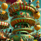 Whimsical mouse-like characters on goat with vibrant hot air balloons