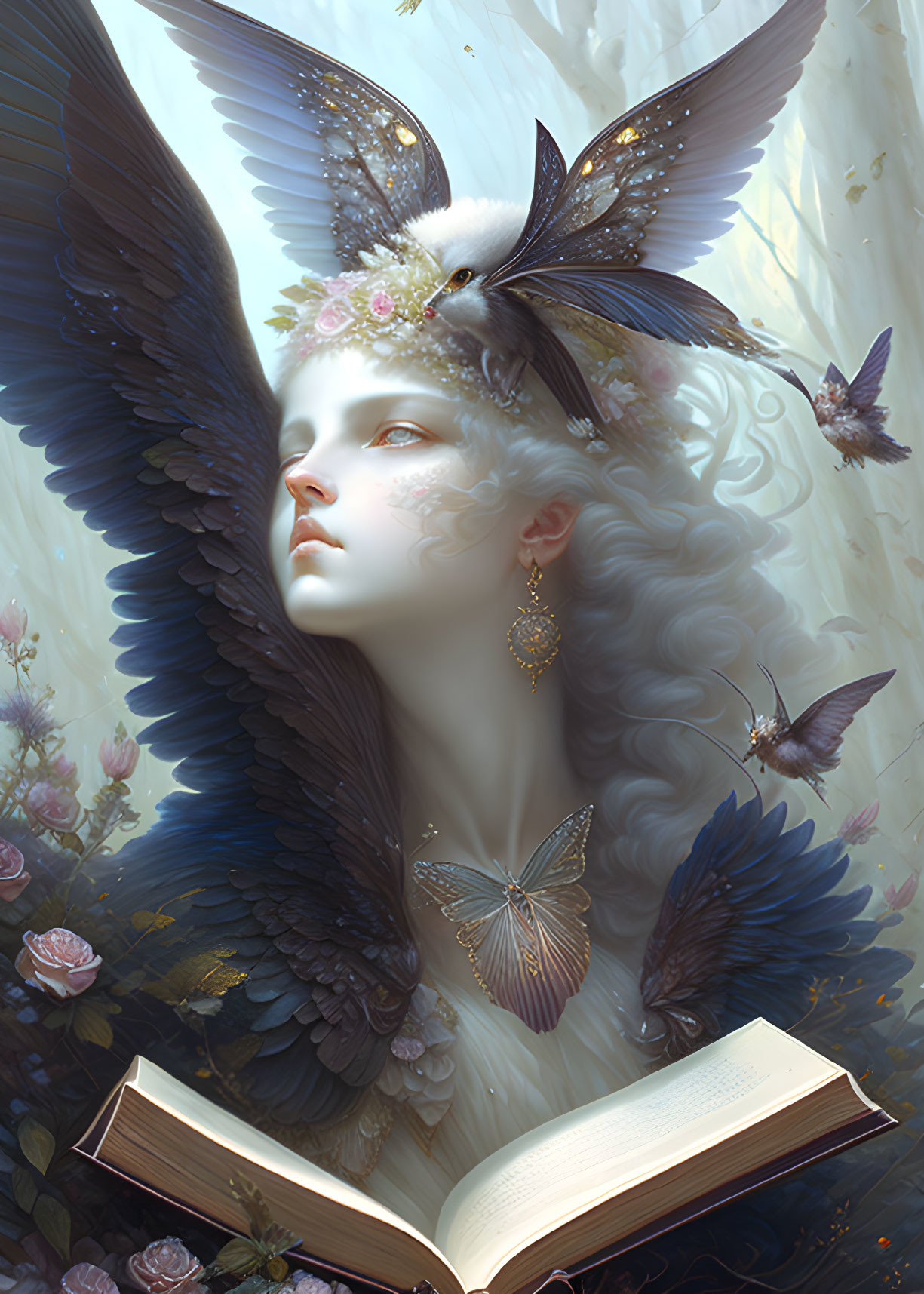 Angel with Blue Wings Surrounded by Flowers and Butterflies