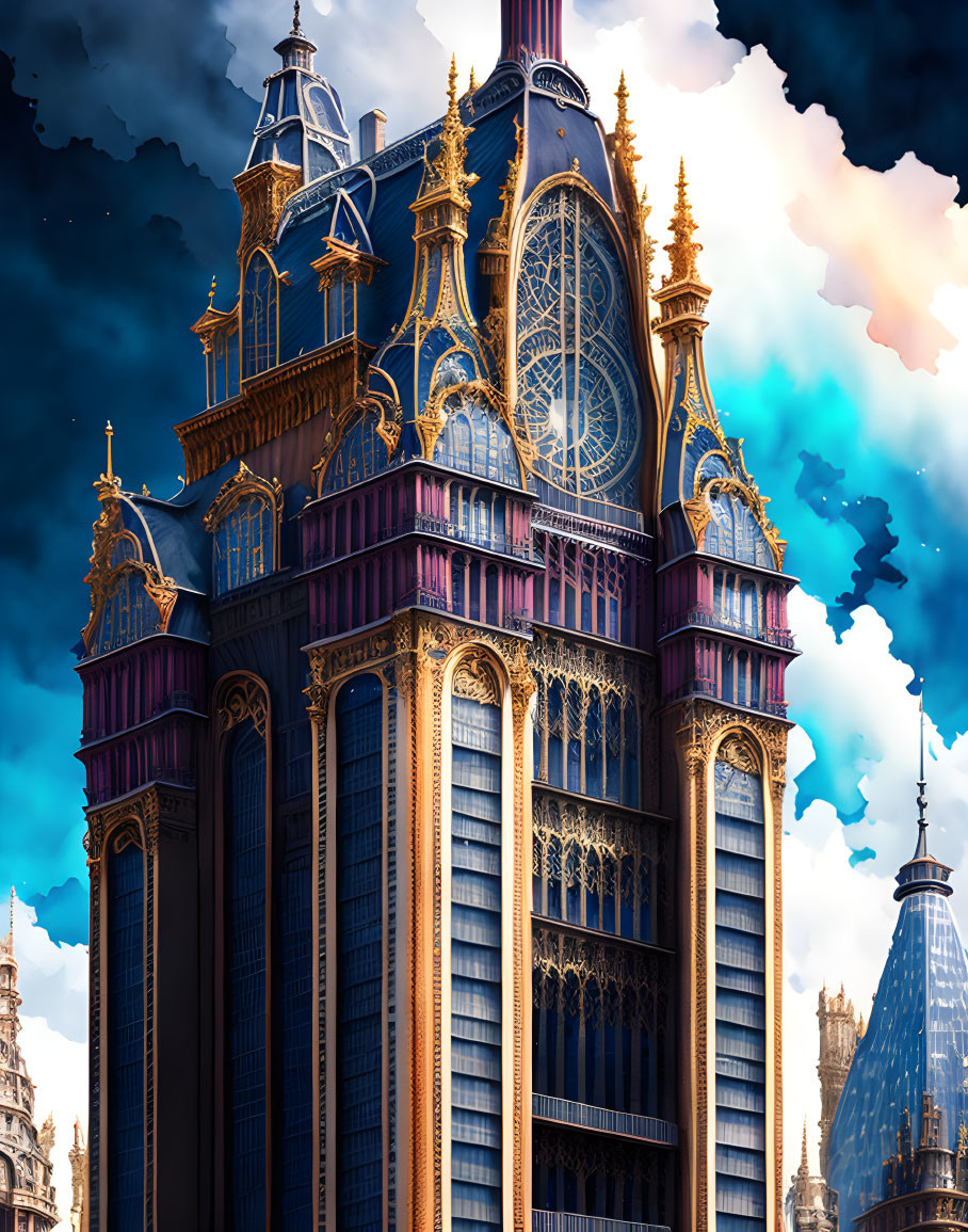 Illustration of majestic Gothic building with golden spires under dramatic sky