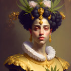 Digital Artwork: Woman with Golden Jewelry and Cannabis Leaves