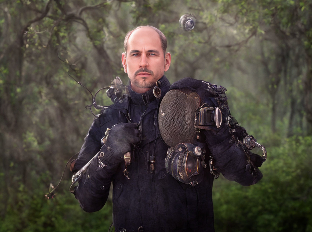 Bald man in steampunk outfit with metallic arm gear in misty forest