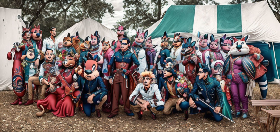 Colorful anthropomorphic animal performers at circus event