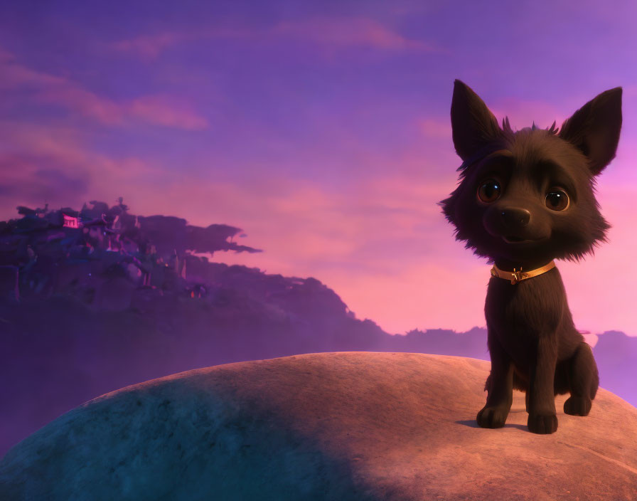 Black animated puppy with big eyes on rock under purple sky